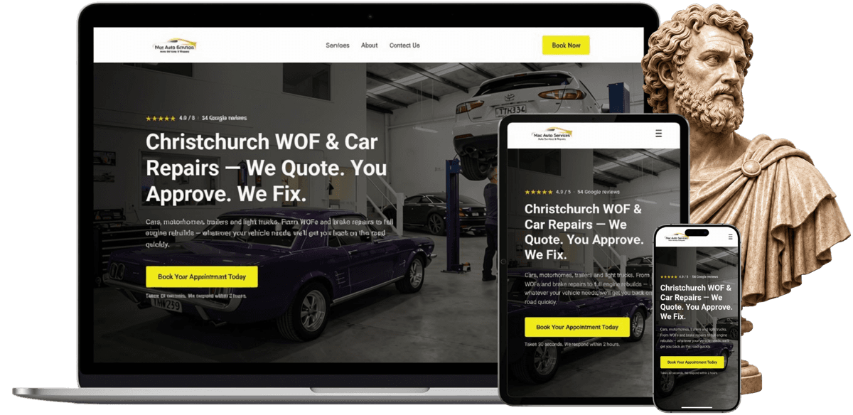 Mac Auto Services business website shown on a laptop and phone