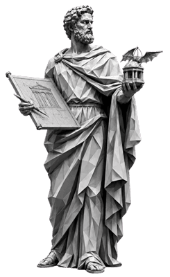 Classical statue examining a tablet and architectural model