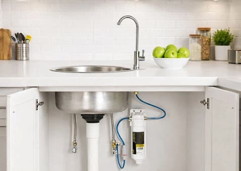 Under-sink water filtration system installed in a modern kitchen