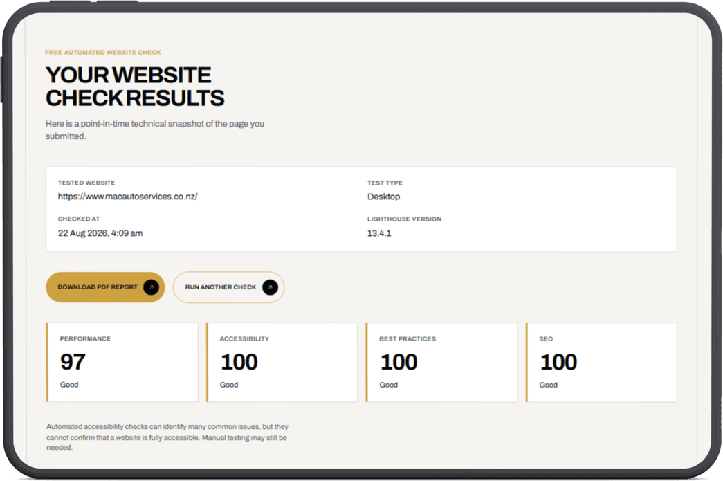 Tablet showing a website review summary with performance scores